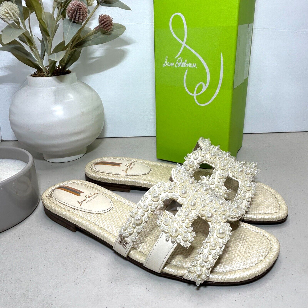 Sam Edelman Pearl Embellished Ivory Slide Sandals